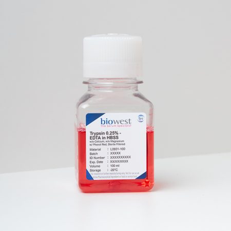 Photo of Trypsin 0.25 % – EDTA in HBSS w/o Calcium w/o Magnesium w/ Phenol Red – L0931 - Biowest